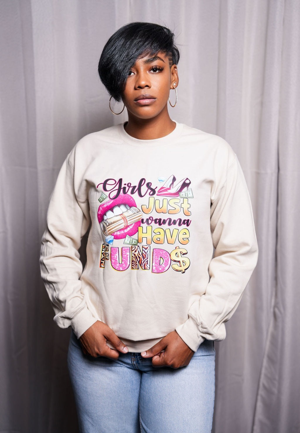 Girls Just Wanna Have Funds Tan Crew Neck