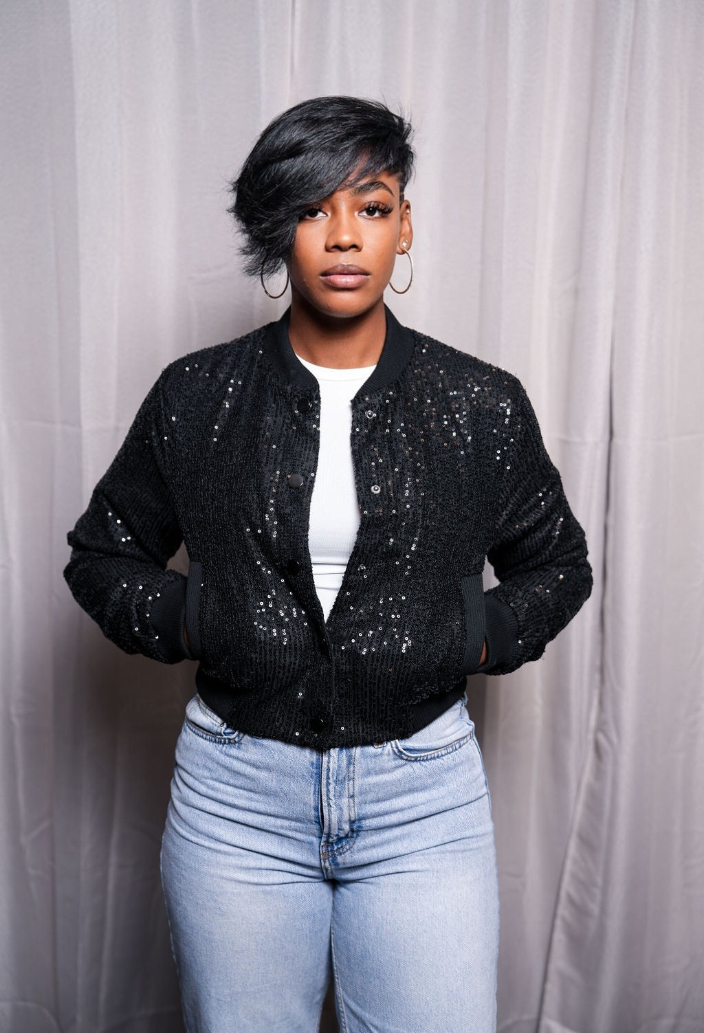 Bliss Black Sequins Bomber Jacket