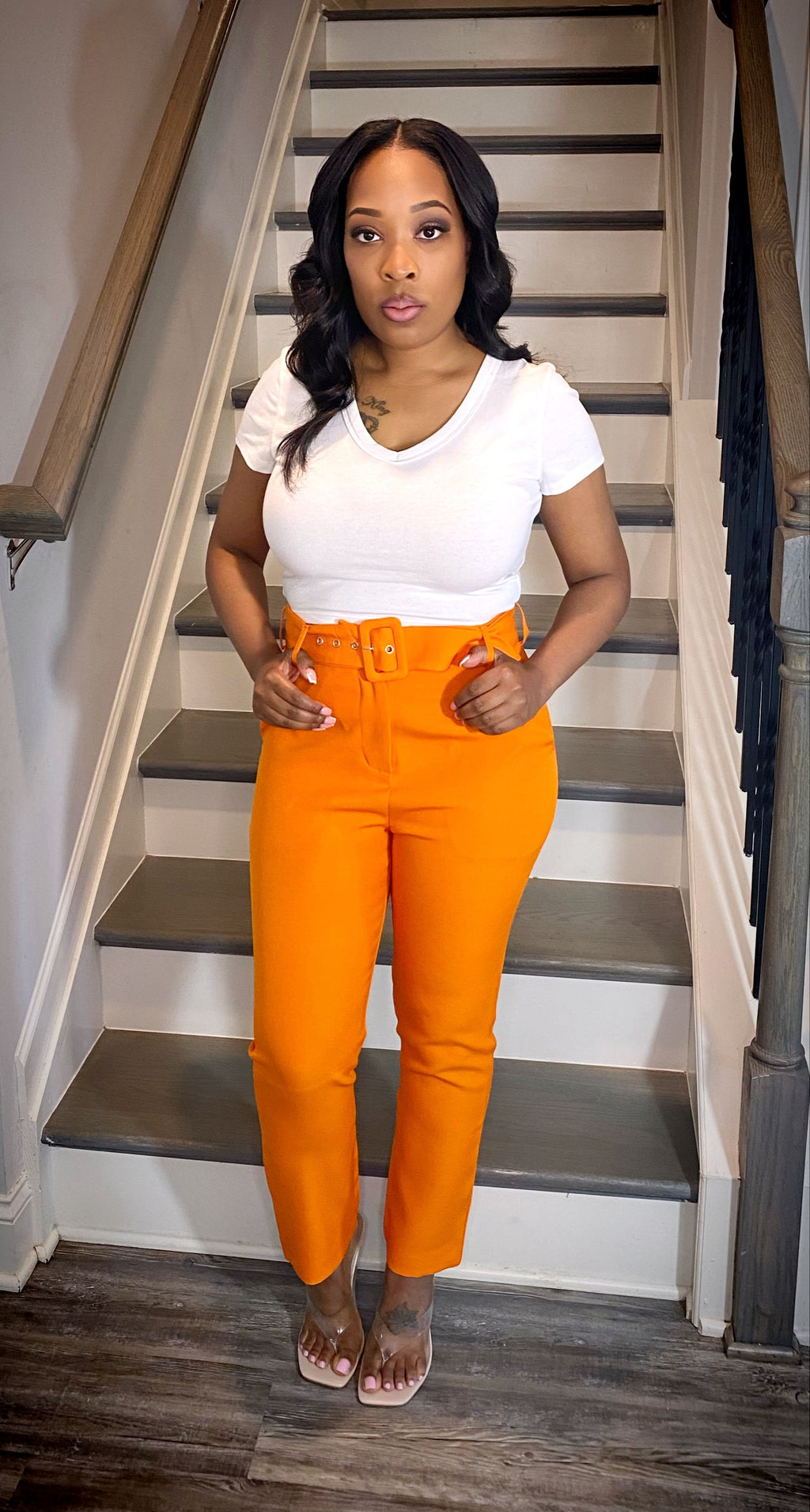 Leia Orange High Waisted Belted Pants