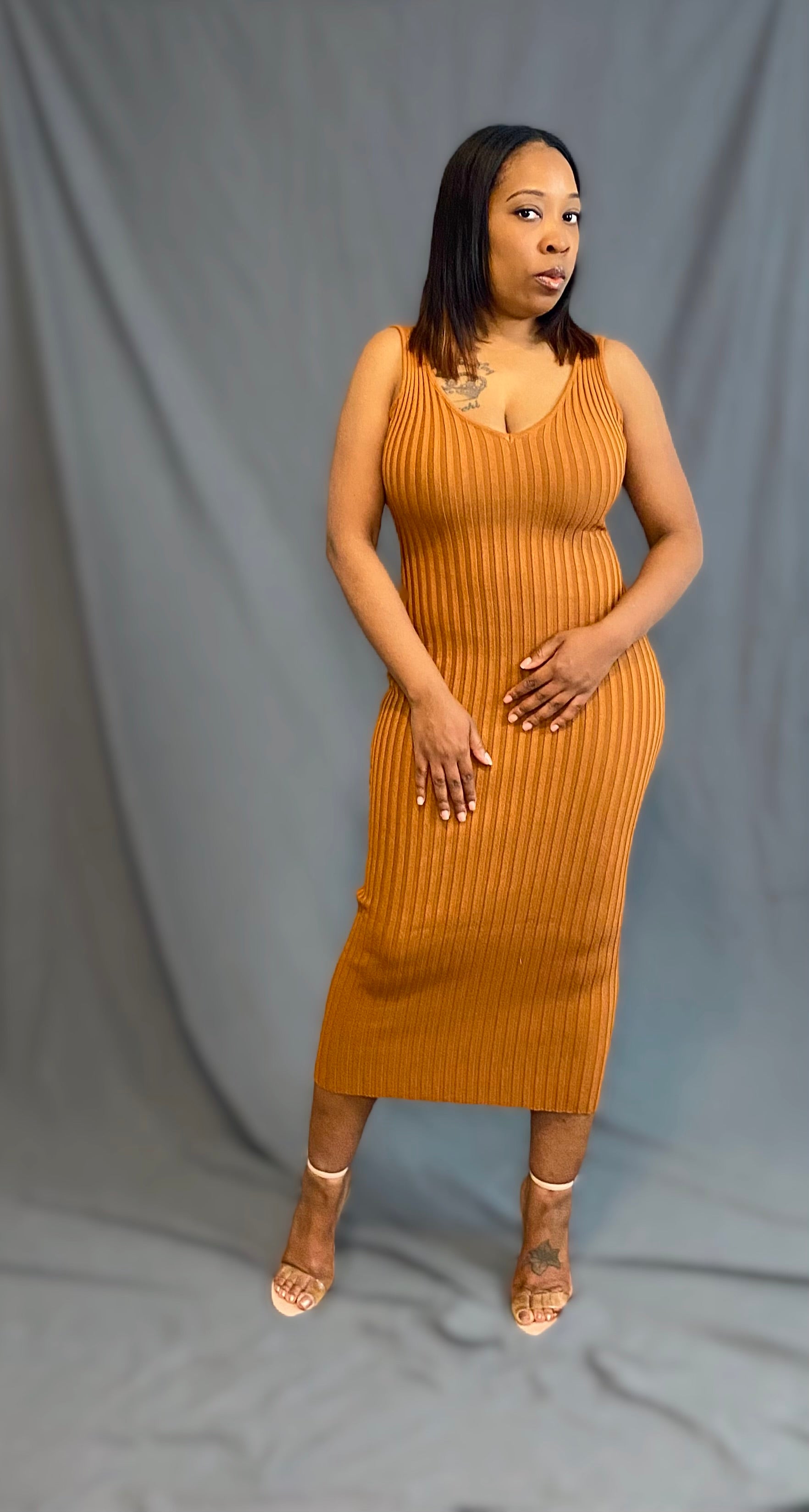 Kenia Camel Ribbed Maxi Dress